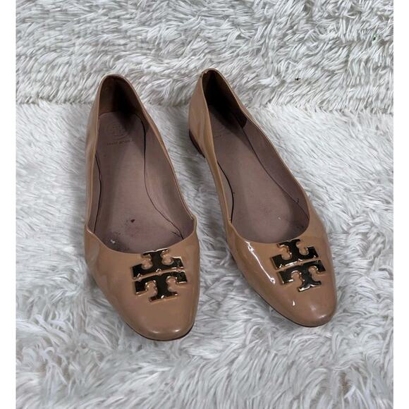 Tory Burch Raleigh Leather Ballet Flats Gold Logo Womens Size 9.5M Beige - Picture 9 of 13